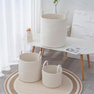 Solid Color Modern Simple Style Cotton Rope Woven Storage Basket Desktop Cosmetic Storage Basket Bilateral Handler Storage Basket