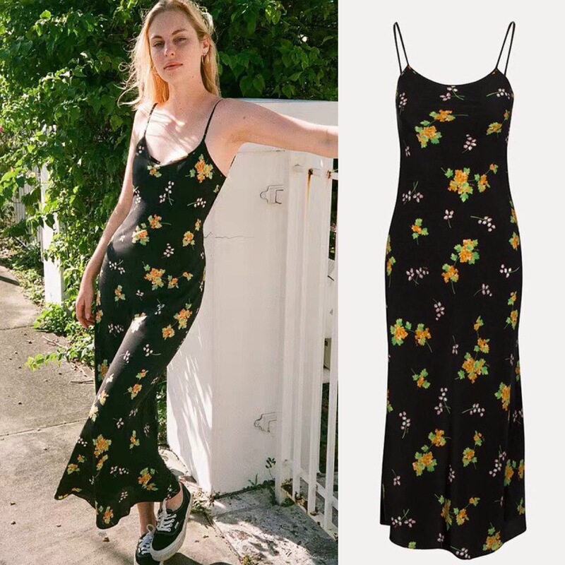 French Tune and Simple Line Smooth Curve Cut Silk Wind Bell Flower Printed Slip Skirt Long Dress