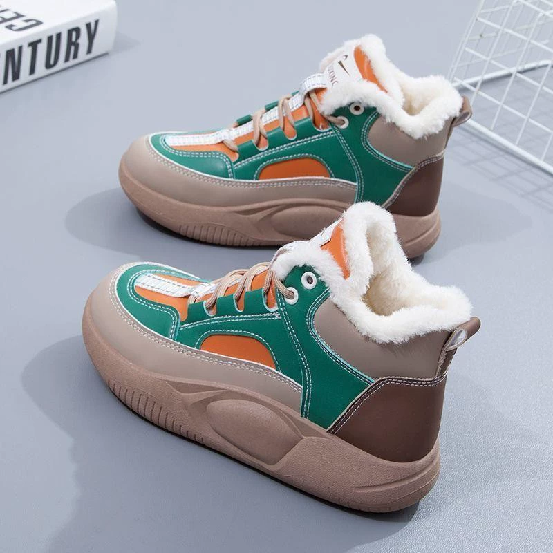 Женские кроссовки в стиле хонгконского кэжуал с цветовыми блоками, новинка осени 2025 года, повседневные туфли с круглым носком на флисовой подкладке, ретро-кеды на шнуровке на толстой подошве.