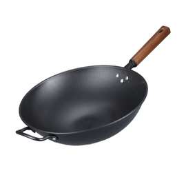 家用无涂层不沾锅老式圆底木柄铁锅饭店炒菜锅无油烟炒锅厂家批发