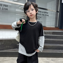 男童春装2025春季儿童韩版假两件长袖t恤中小童街头风上衣痞帅潮