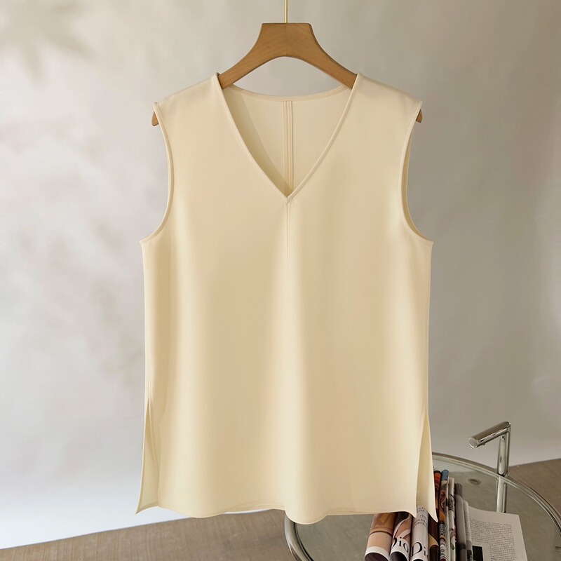 Endi Th Model Triacetate V-Neck Sleeveless Shirt for Women 2026 Summer Versatile Simple Commuter Slit Tank Top