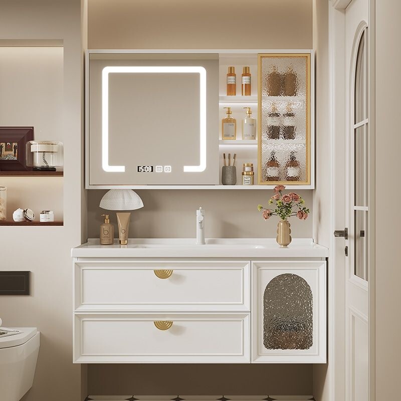 Modern Minimalist Ceramic Integrated Basin Solid Wood Bathroom Cabinet Smart Combination Bathroom Sink Washbasin Vanity