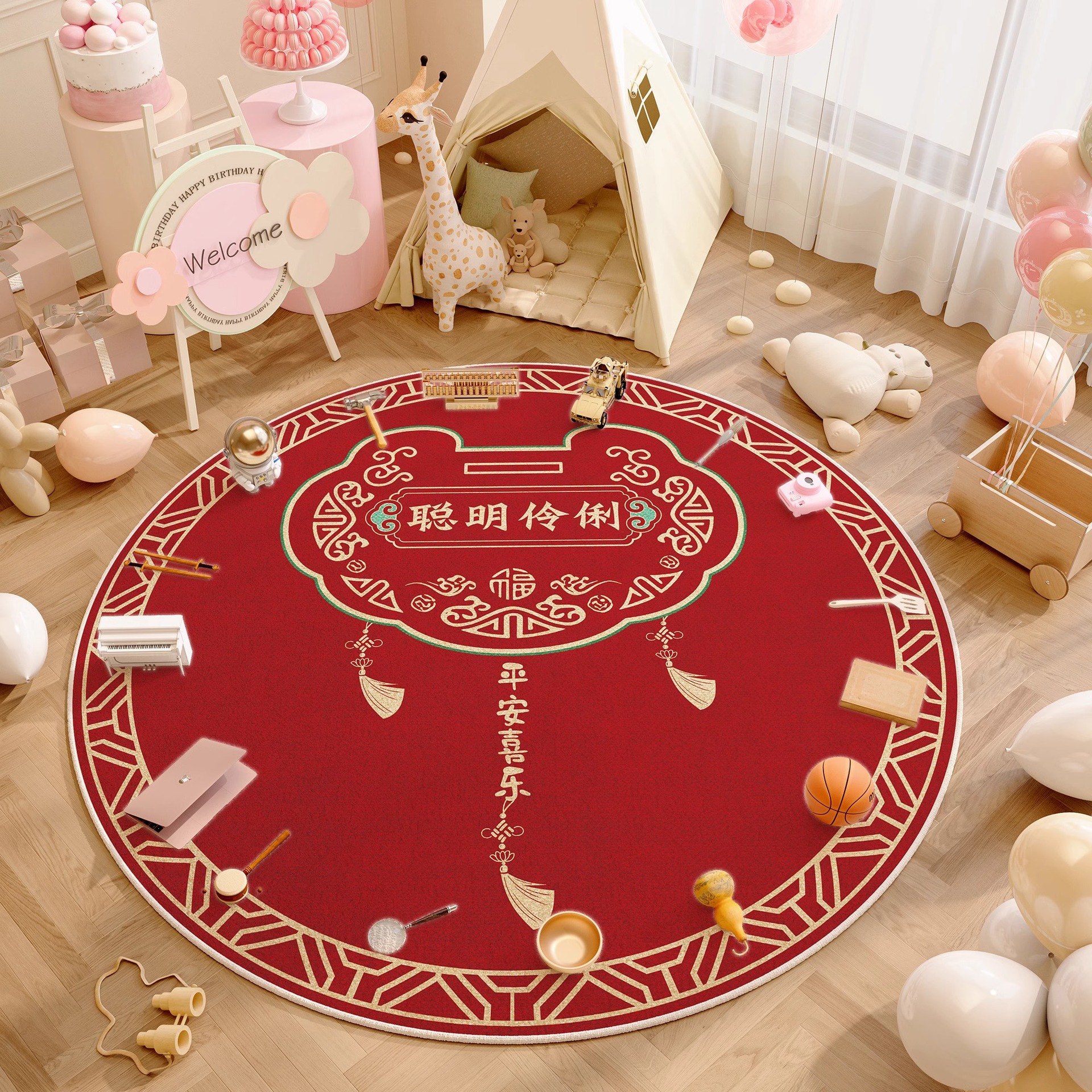 Casi alfombra de un año alfombra de cumpleaños props de diseño dragón bebé raspar la alfombra de la sala de estar para niños almohadilla redonda roja