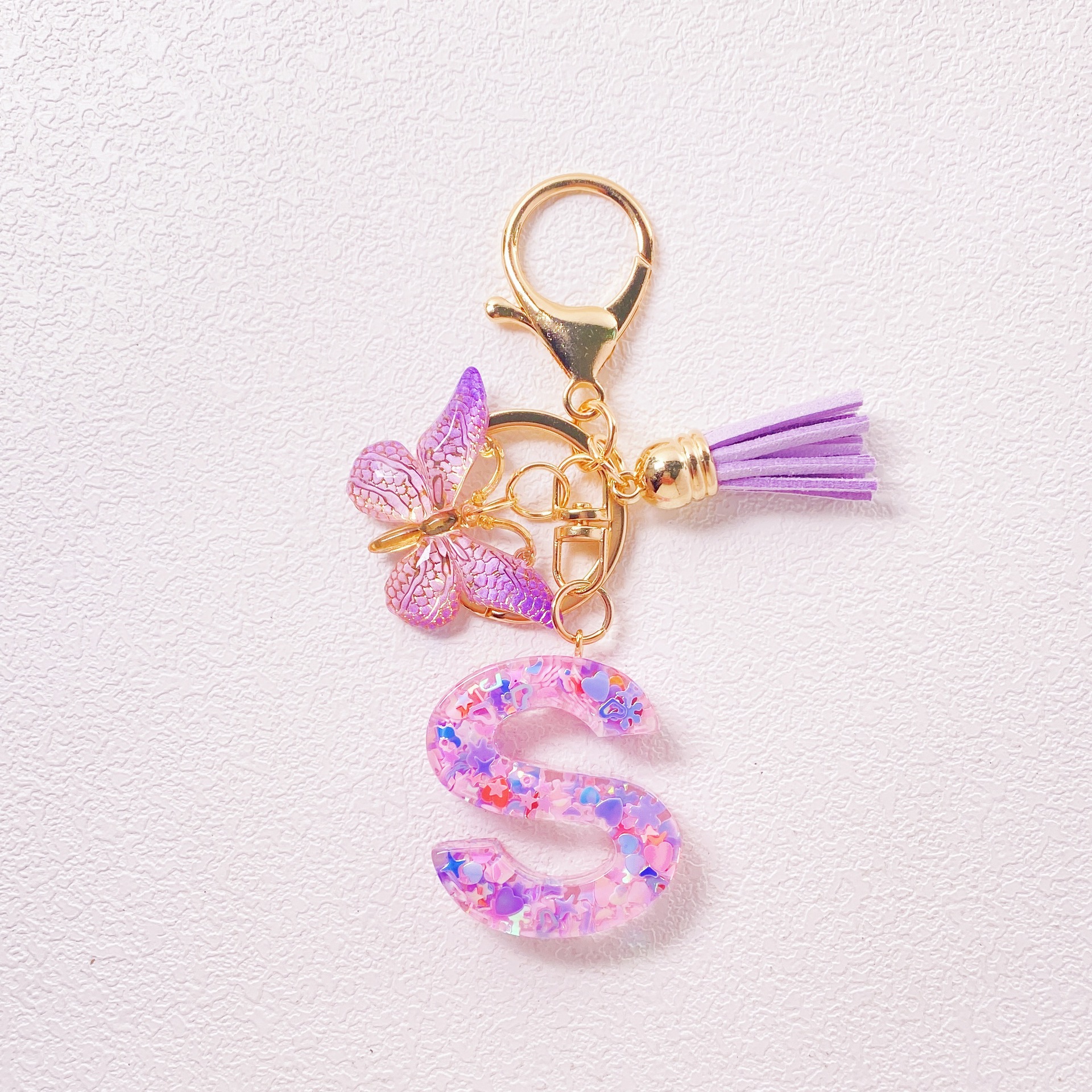 20g Weight Sequins Inlay Material Keychain Classification Daily Occasion Epoxy Material Letter, Butterfly Pattern Women's Gender Sweet Style Purple Color Letter Butterfly Keychain Epoxy Sequins Women's Sweet Keychain 20