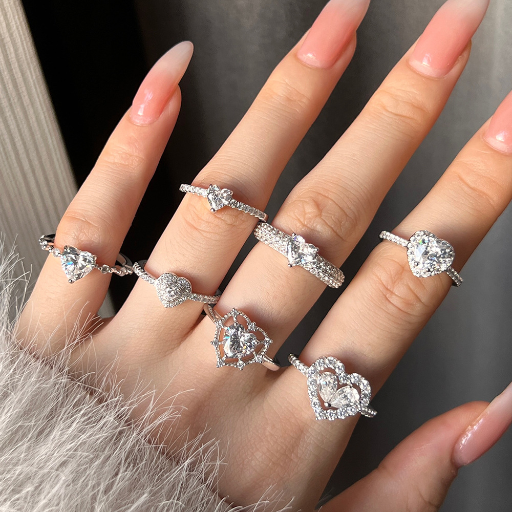 3g Weight Zircon Inlay Material Rings Classification 5, 9 Ring Size Banquet, Daily Occasion 925 Sterling Silver Material Heart Shape Pattern 2025 Spring and Summer Season Women's Gender Plating Design Elegant, Simple Style Style 925 Sterling Silver Zircon Heart Shape Rings 925 Sterling Silver Rings 1