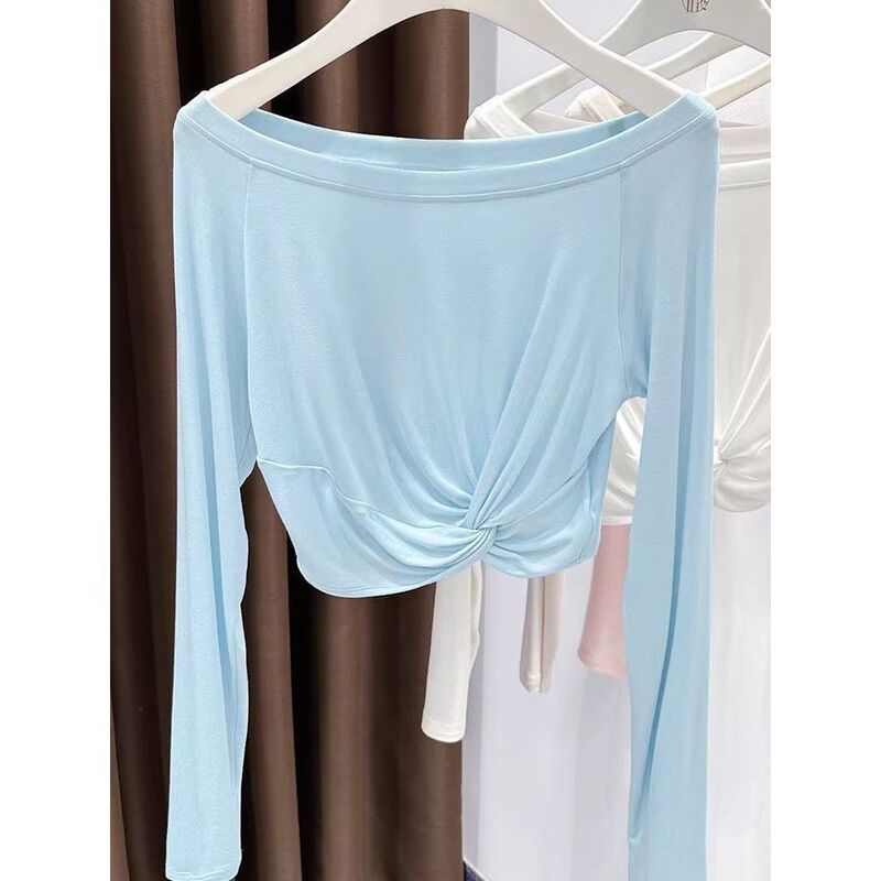 Twisted design off-shoulder slim-fit long-sleeve T-shirt for women, 2026 summer new model, modal cotton top, trendy Twisted design off-shoulder slim-fit long-sleeve T-shirt for women, 2026 summer new model, modal cotton top, trendy