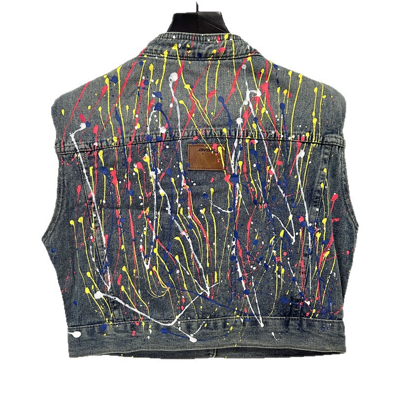 Hong Kong estilo retro chaleco de vaquero sin mangas para mujeres verano nuevo diseño pintado a mano sensación de moda versátil chaqueta de clip chique