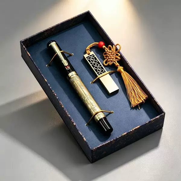 Brass USB drive + pen gift set, vintage gift pen, high-end signature pen, logo printing available