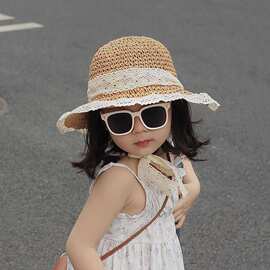 儿童帽子女童夏季薄款草帽女孩夏天透气女款渔夫帽宝宝洋气公主帽