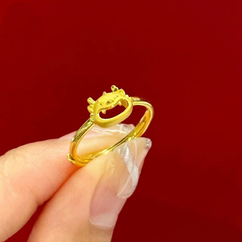 Bague du zodiaque de l'année du dragon d'or du Vietnam, anneau ouvert de dessin animé, douze années du zodiaque, année du zodiaque, bague de bouche de dragon assortie_voghion.com