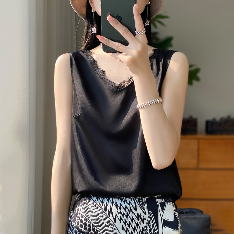 Silk Satin Camisole for Women, Spring and Summer, Slim Fit V-Neck with Lace Trim, Elegant and Slimming Inner Wear Top, Wholesale