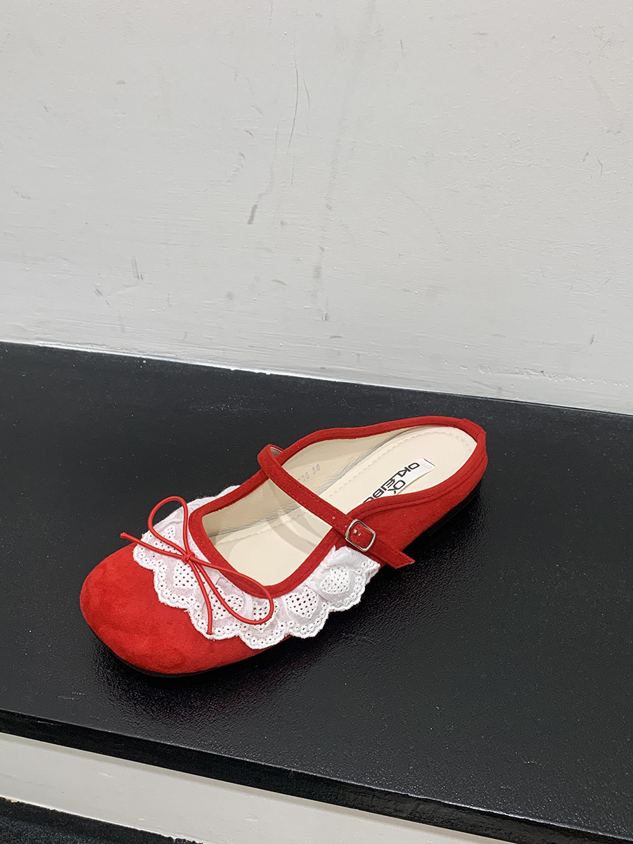 Retro pequeño ballet rojo encaje Baotou medias pantuflas zapatos de mujer ropa exterior 2025 primavera y verano zapatos Mary Jane