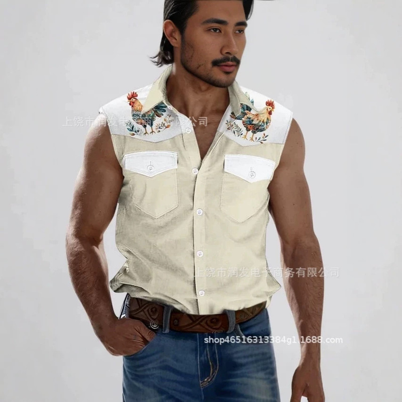 2026 Cross-Border Western Retro Cowboy Sleeveless Shirt for Men, Multi-Color Contrasting Patchwork, Turn-Down Collar, Button-Up Versatile Top