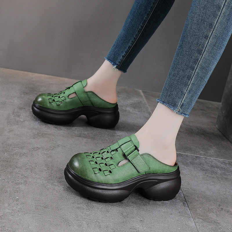 Sandal cao gót nữ mũi nhọn đế dày, phong cách thủ công dân tộc, gót 9 cm — màu be