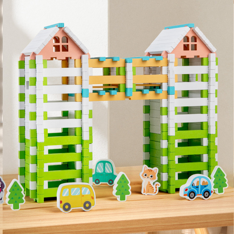 Rompecabezas para niños, construcción de bloques de construcción de educación temprana, 120 bloques de construcción de espiga y espiga, juguetes de madera ensamblados