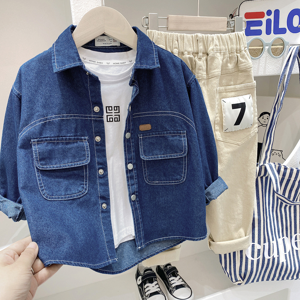 Camisa vaquera para niños 2023 otoño nueva chaqueta casual de manga larga para niños medianos y grandes camisa delgada para niños cardigan top
