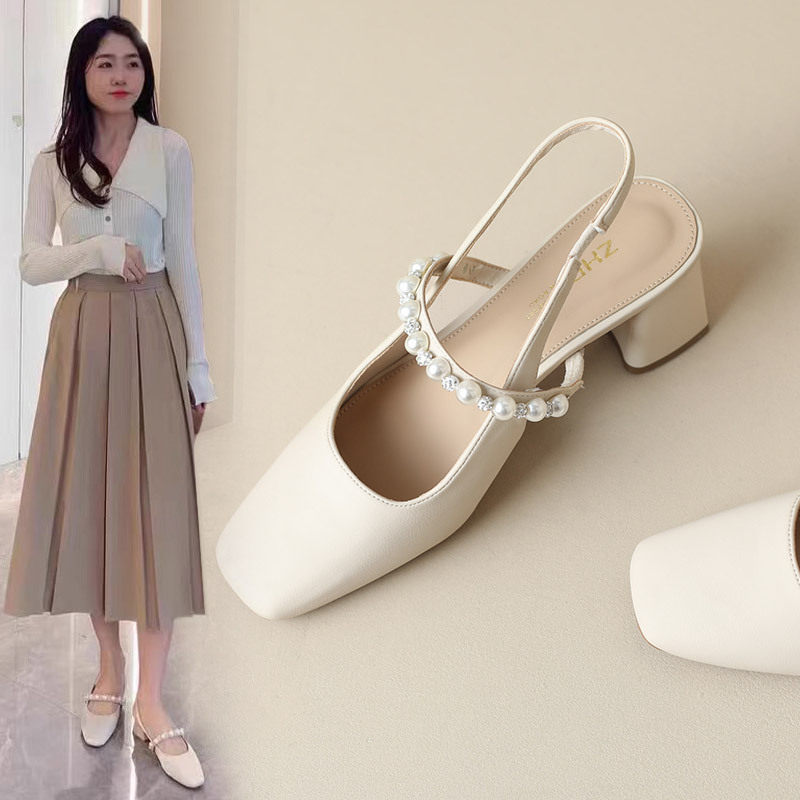 Zhr Baotou Single Sandals and Half Slippers for Women Summer Outer Shoes Korean Style Pearl Sandals Versatile Flats High Heels for Women