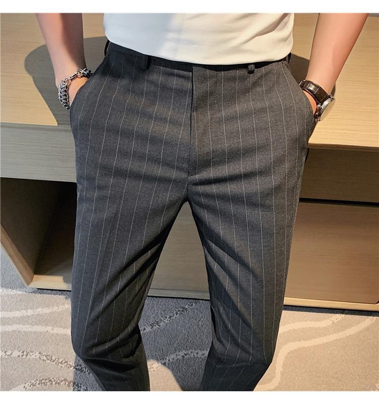 Quần tây sọc nam mùa hè ống côn Hàn Quốc dáng ôm nhẹ — Màu xám đậm với fleece, Quần lửng màu xám đậm, Quần lửng đen, Lông cừu đen chi tiết 11