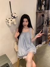 蓝色温柔风可爱甜美蝴蝶结绑带背心女夏季海边度假风宽松吊带上衣