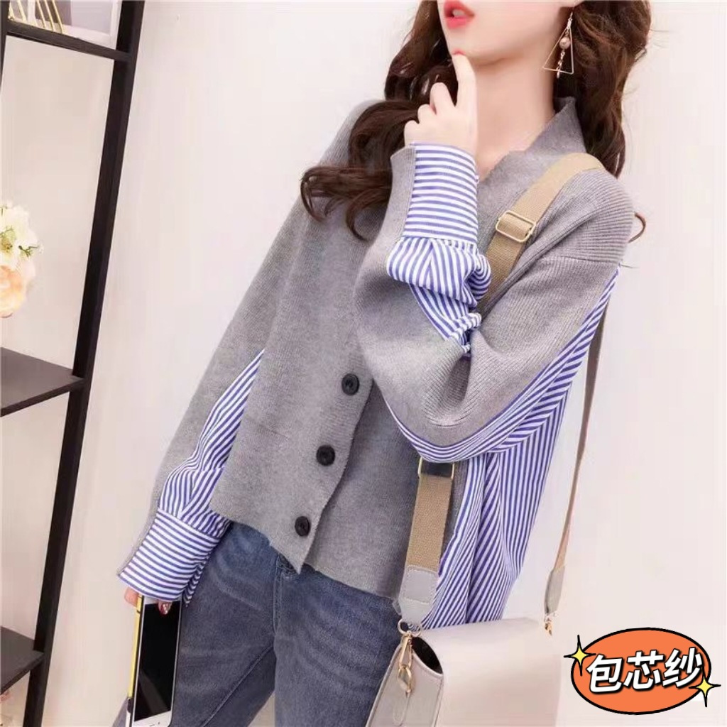 拼接假两件针织开衫女春秋设计感小众港风条纹衬衫减龄宽松外套