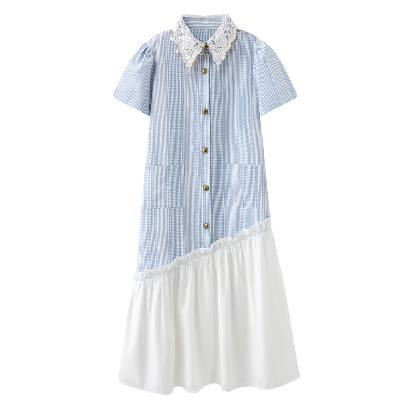72mm-5006 Blue Striped Seersucker Dress 2026 Summer New Design Lace Shirt Dress