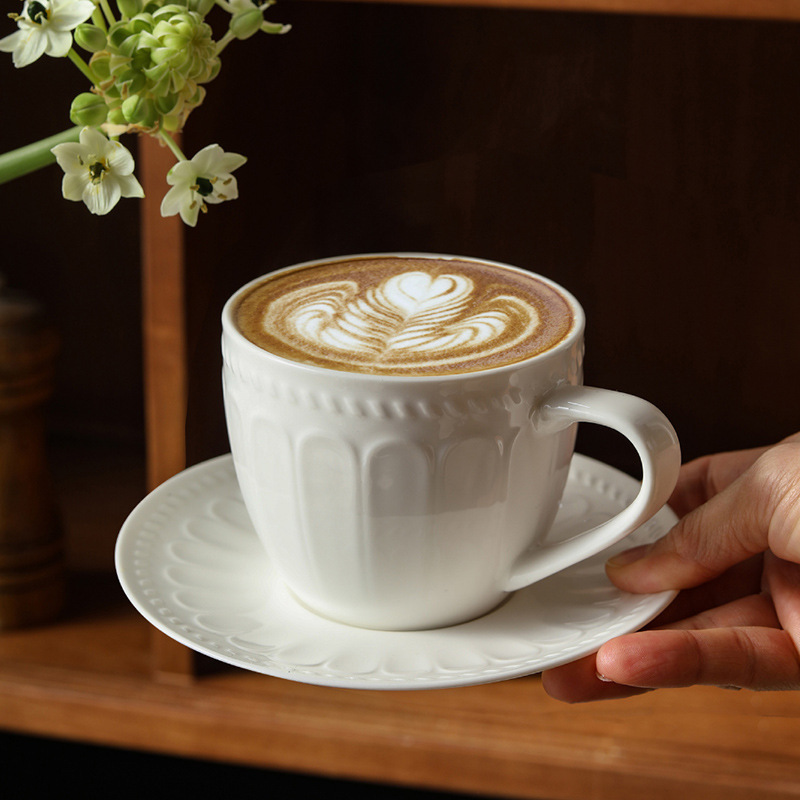 Ceramic Embossed Coffee Cup Saucer suit Household High Color Value Afternoon Tea Latte Cup French Cappuccino Cup