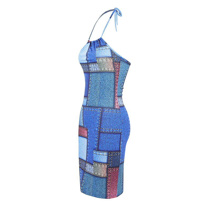 Women Clothing Sexy Slim Fit Hip Dress Imitation Denim Printing Slip Dress