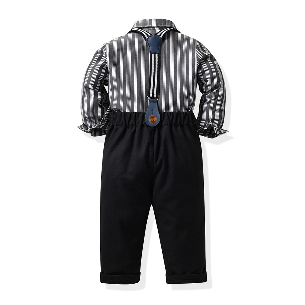 Boys' Autumn Dress Fashionable Baby Handsome Middle School Children's English Stripe Shirt Strap Pants_voghion.com