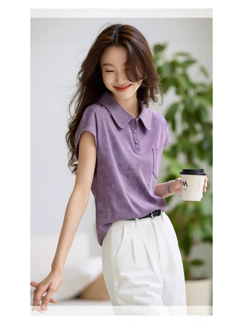 Áo thun polo cổ bẻ nữ họa tiết loang màu mùa hè — tím