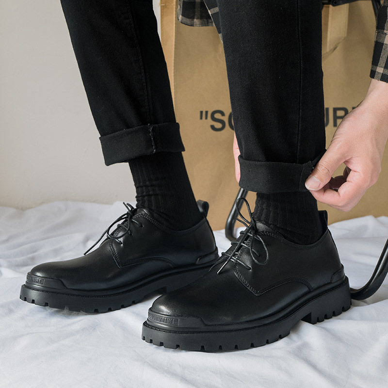 2021 cowhide trendy soft leather shoes men's Korean-style lace-up platform casual business Hong Kong style spring and autumn low-top Martin shoes