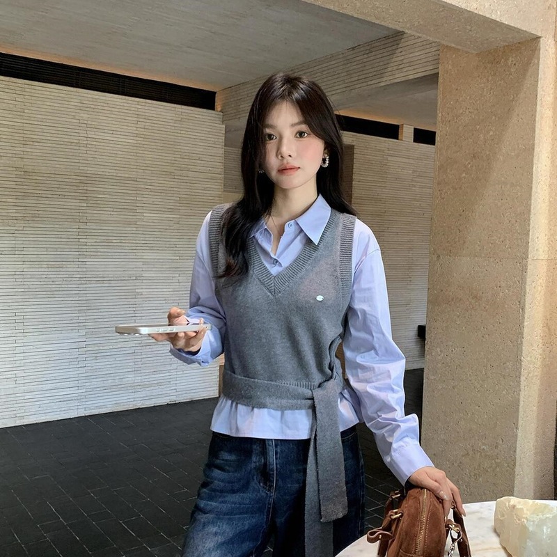 2025秋装新款针织马甲外穿遮肉叠穿韩系polo领衬衫学院风两件套女|undefined
