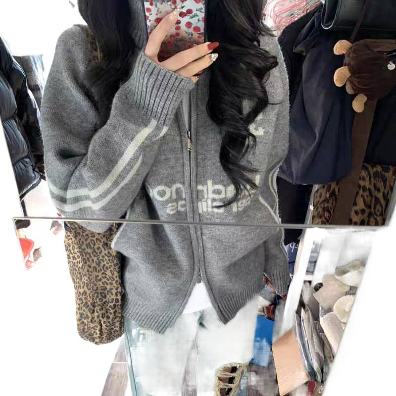 韩版棒球风翻领拉链毛衣开衫女外套2025秋冬装新款宽松灰色针织衫|undefined