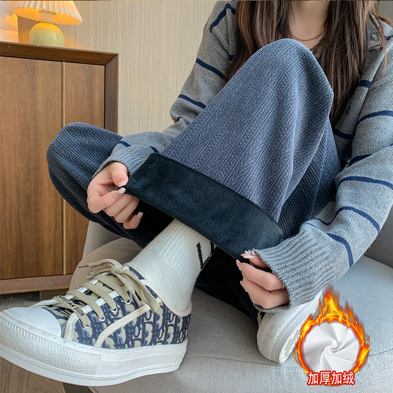 Pantalones anchos para mujer estilo caliente más tamaño recto 2025 otoño e invierno nuevo estilo todo-fósforo delgado de cintura alta más terciopelo grueso pantalones casuales