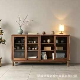 新中式带玻璃推拉门餐边柜茶室茶具收藏柜家用客厅落地式装饰柜