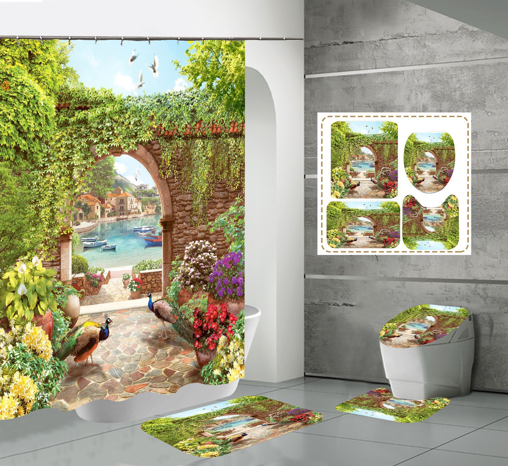 Impressão digital de alta definição estilo quente série de flores de parede à prova dwaterproof água poliéster conjunto de cortina de chuveiro para banheiro_voghion.com