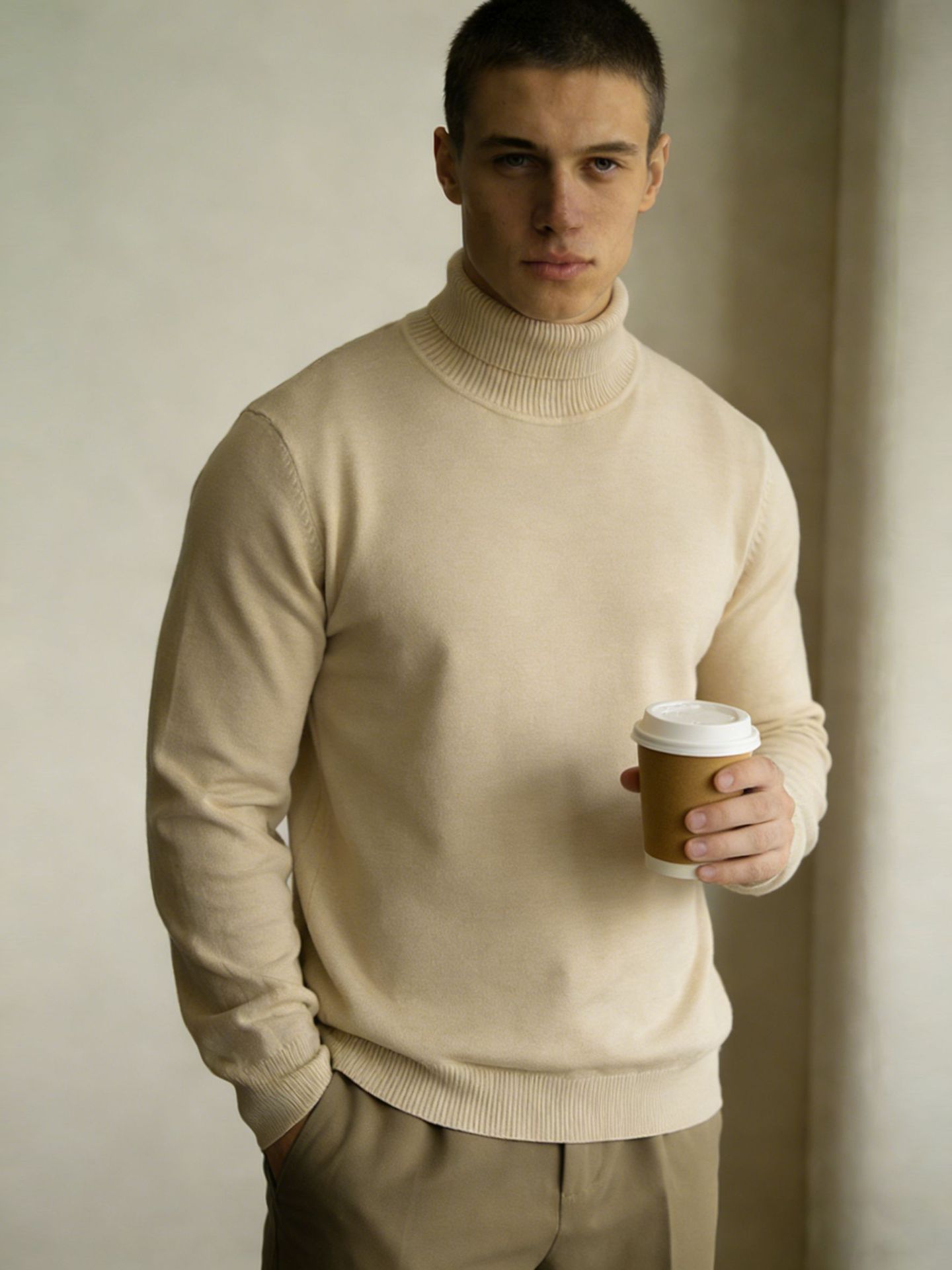 Suéter de punto Modell hombre de cuello alto otoño y invierno nuevo suéter de color sólido, suéter de negocios ligero, ropa de hombre