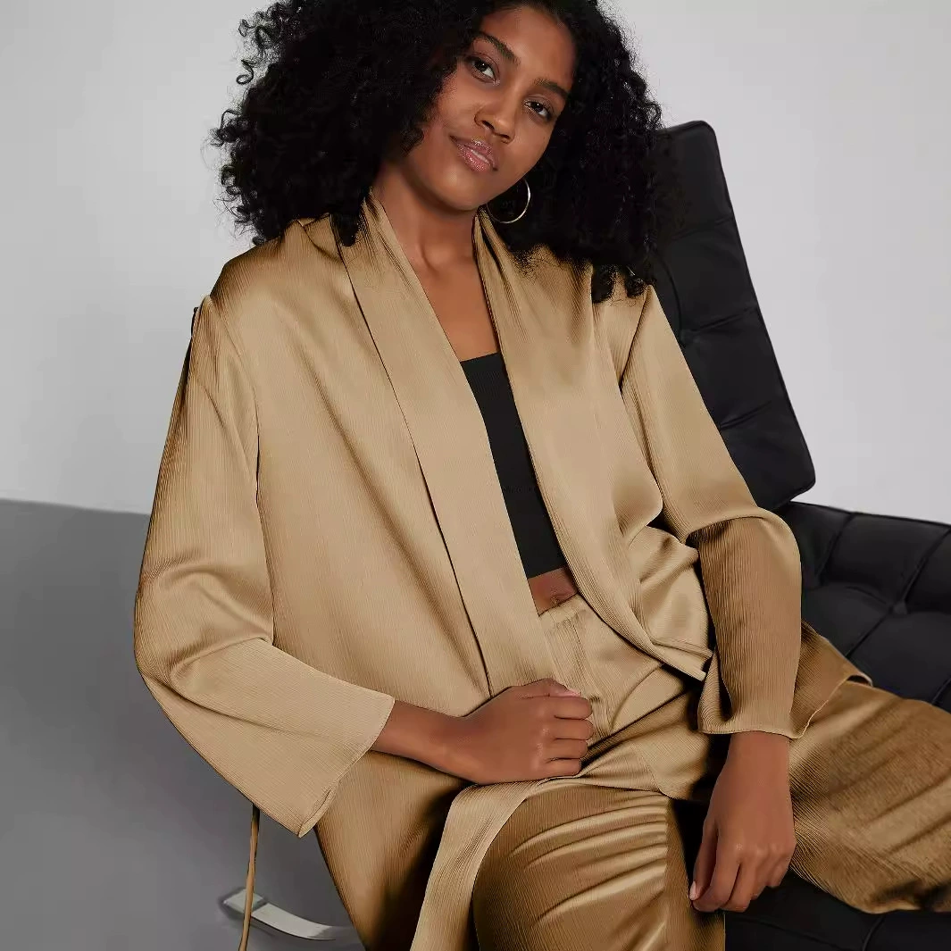 Трансграничная женская оптовая продажа в европейском и американском стиле модный костюм с отворотами на талии плиссированный пиджак топы свободные брюки осень