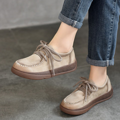 頭層牛皮手工單鞋女復古擦色女鞋2024春款真皮圓頭女鞋軟底媽媽鞋