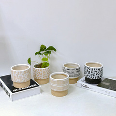 Succulent frosted ceramic flowerpot Striped simple cream style cross-border relief ceramic flowerpot green plant desktop decoration