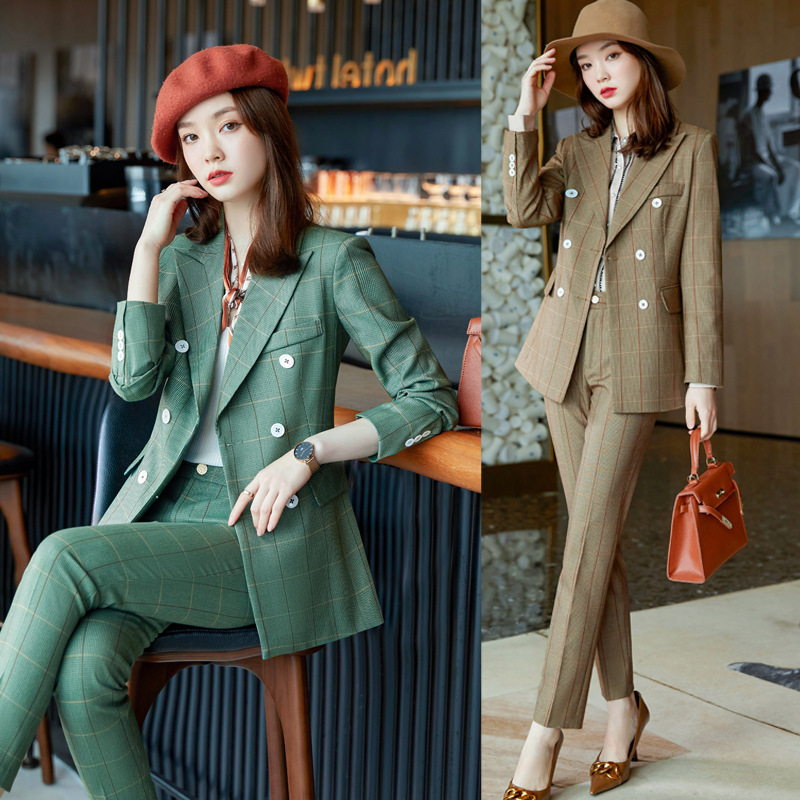 senior lattice suit suit Korean Edition Sense of design Long sleeve green Business Suits coverall Blazer