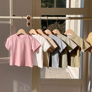 Girls' Top 2025 Summer New Children's Short-sleeved T-shirt Small and Medium-sized Children's Boys' Solid Color Mask T Foreign Trade for Boys and Girls