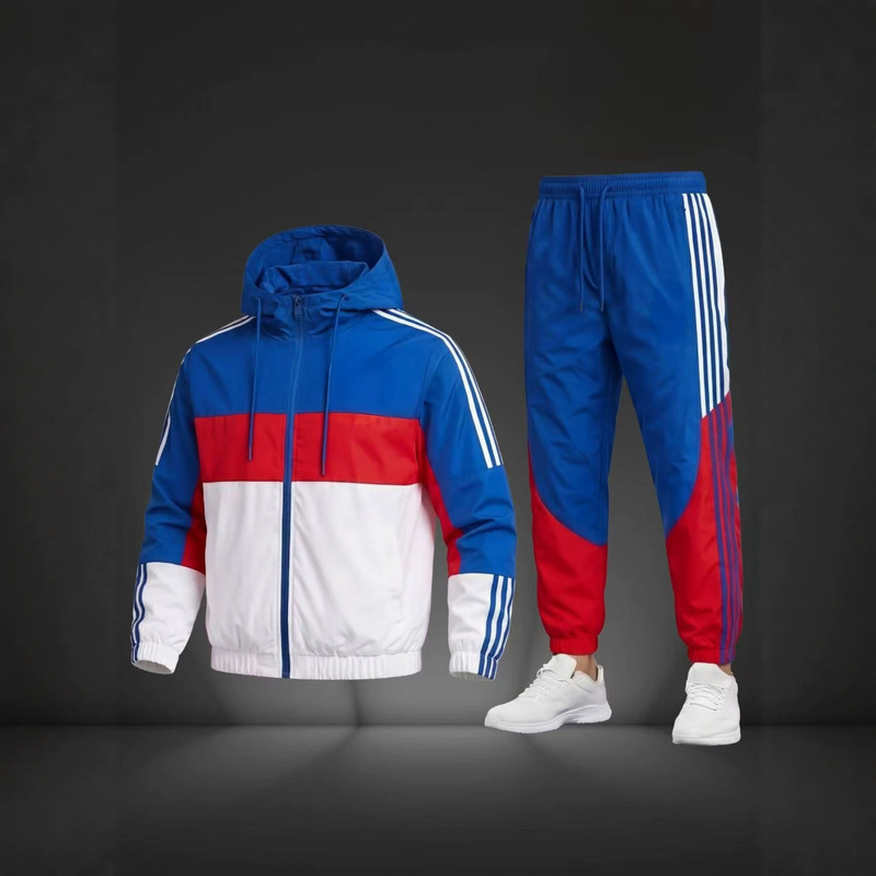 Factory Direct Supply Men's Casual Sports Suit, Color-Blocking Hooded Windproof Jacket and Jogger Sweatpants Two-Piece Set Factory Direct Supply Men's Casual Sports Suit, Color-Blocking Hooded Windproof Jacket and Jogger Sweatpants Two-Piece Set