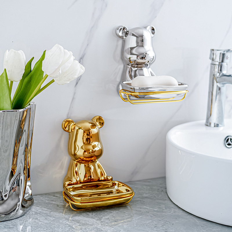Luz nórdica de lujo ins Oso de cerámica caja de jabón titular de plato de jabón caja de jabón de almacenamiento montado en la pared del baño del hogar