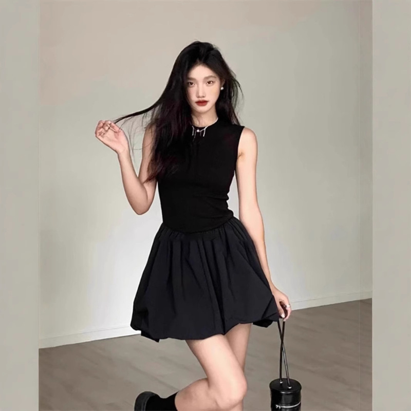 French Niche Black Sleeveless dress Children's Summer Small Temperament Skirt High-grade Tight Waist Flower Bud Skirt