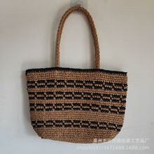 新款单丝钩针包 横纹防拉菲草女士单肩包 沙滩休闲草遍包