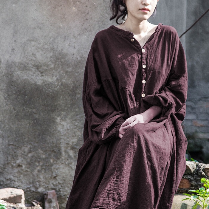 Shanqian Nianyi Retro Creative Design Elegant Lantern Sleeve Ultra-Loose Cotton and Linen Dress Long-Sleeved Artistic Retro Shanqian Nianyi Retro Creative Design Elegant Lantern Sleeve Ultra-Loose Cotton and Linen Dress Long-Sleeved Artistic Retro