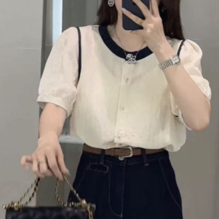 2026 Blue and White Color-Blocked Shirt for Women, Summer Short-Sleeve, Stylish, Casual, Comfortable Top, High Elasticity 2026 Blue and White Color-Blocked Shirt for Women, Summer Short-Sleeve, Stylish, Casual, Comfortable Top, High Elasticity