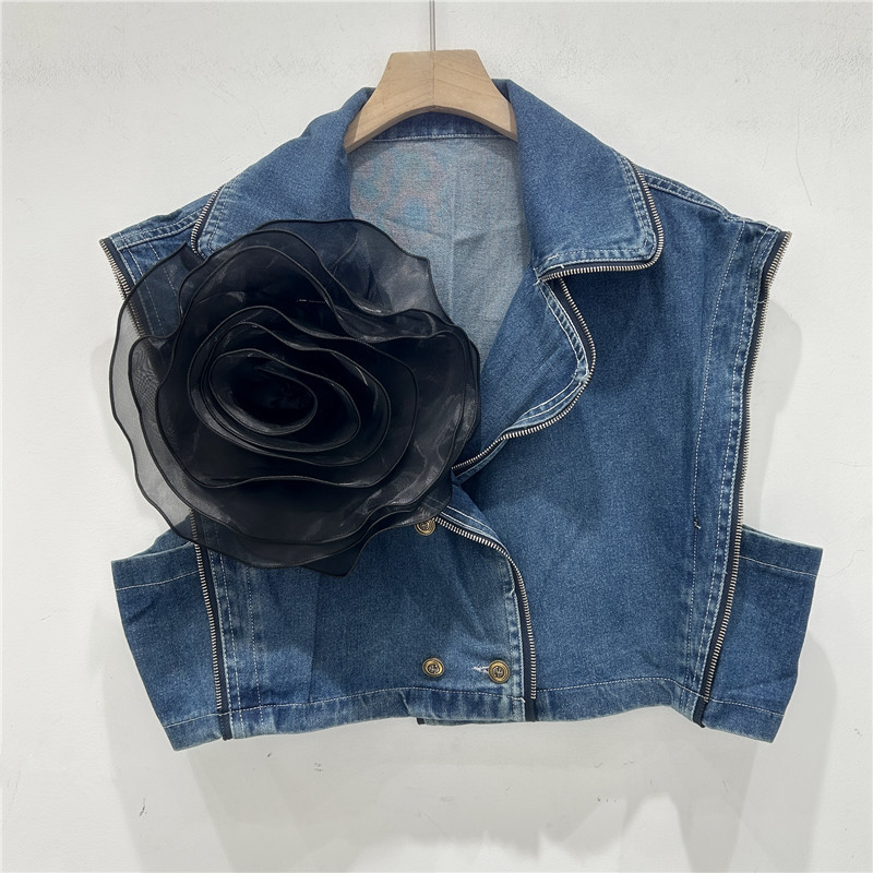 Verano nuevo estilo elegante flor tridimensional diseño personalidad hombro ancho chaleco vaquero pequeño chaqueta de caballo abrazadera chaqueta mujer