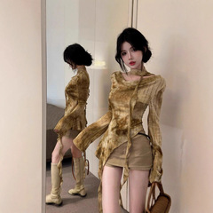 美拉德穿搭不规则荡斜领晕染针织t恤女春秋季薄款外穿设计感上衣